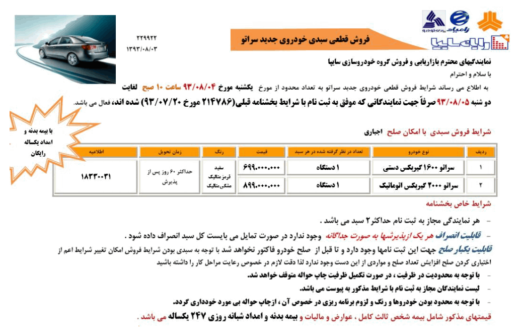 فروش کیا سراتو تولیدی سایپا با قیمت قطعی